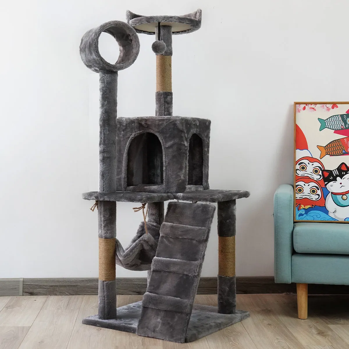135cm Multi-Level Cat Tree, Scratching, Dark Grey - Furtastic