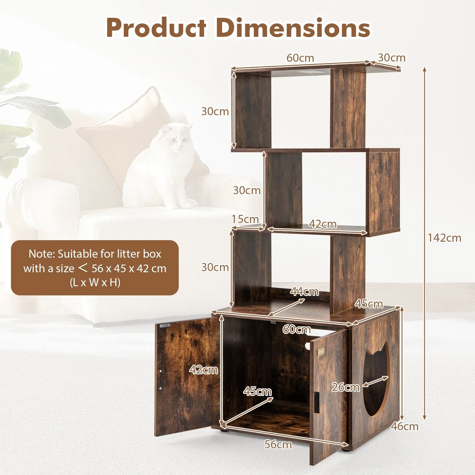 2-in-1 Hidden Cat Litter Box Enclosure with 3 Open Shelves-Rustic Brown