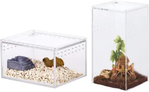 2 Pack Acrylic Reptile Terrarium Enclosure Tank Snail Spider Habitat Cage Mini Critter Keeper Transparent Reptile Isopods Lizards Roach Invertebrates Insect Feeding Box