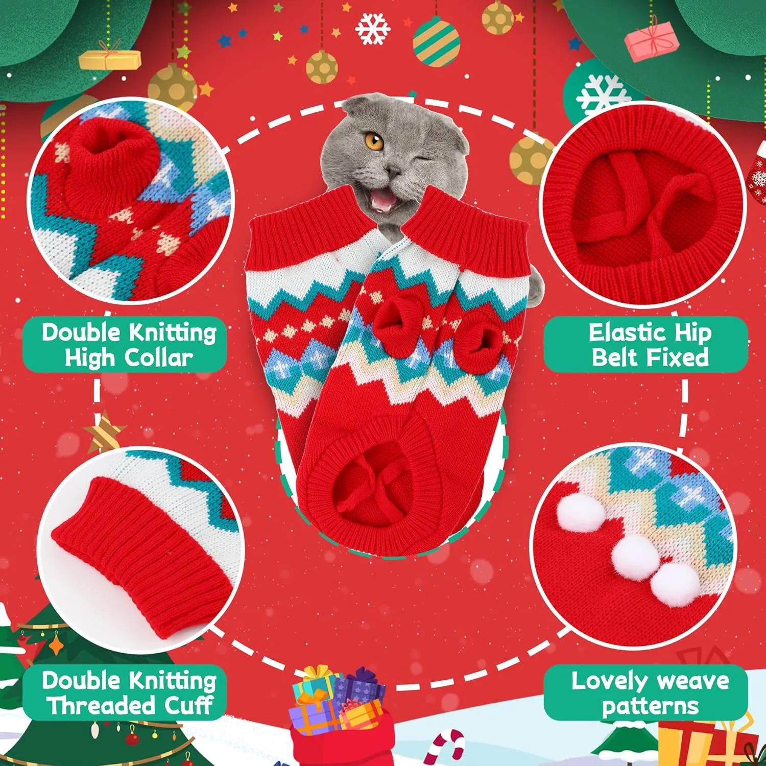 2 Packs Cat Christmas Sweater Pet Cute Knitwear Warm Winter Clothes for Kittys and Small Dogs (Large)