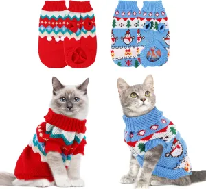 2 Packs Cat Christmas Sweater Pet Cute Knitwear Warm Winter Clothes for Kittys and Small Dogs (Large)