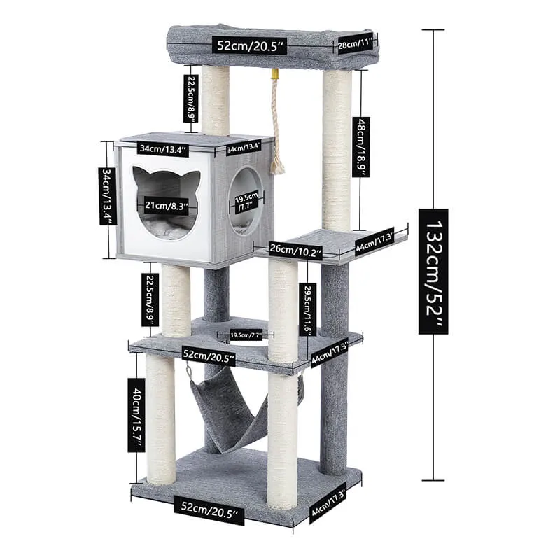 20.5" Modern Gray Multi-Level Wooden Cat Tower with Hammock and Scratching Posts