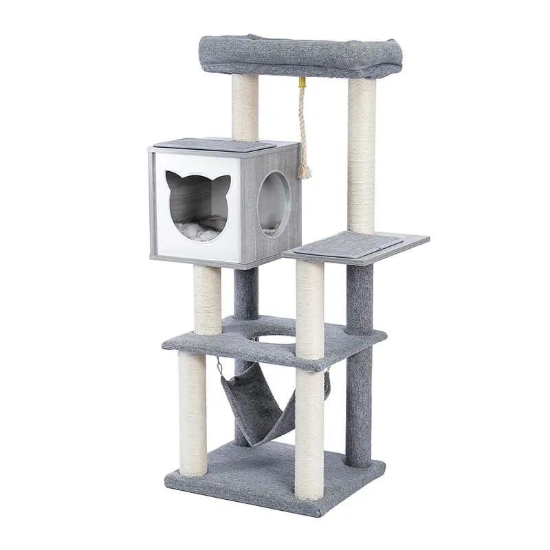20.5" Modern Gray Multi-Level Wooden Cat Tower with Hammock and Scratching Posts