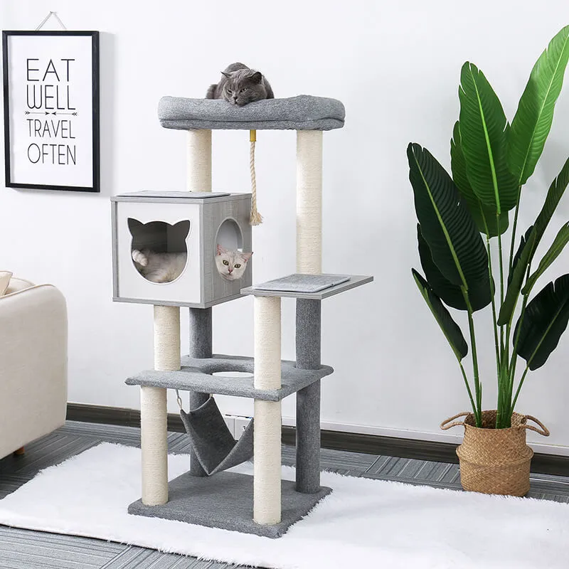 20.5" Modern Gray Multi-Level Wooden Cat Tower with Hammock and Scratching Posts