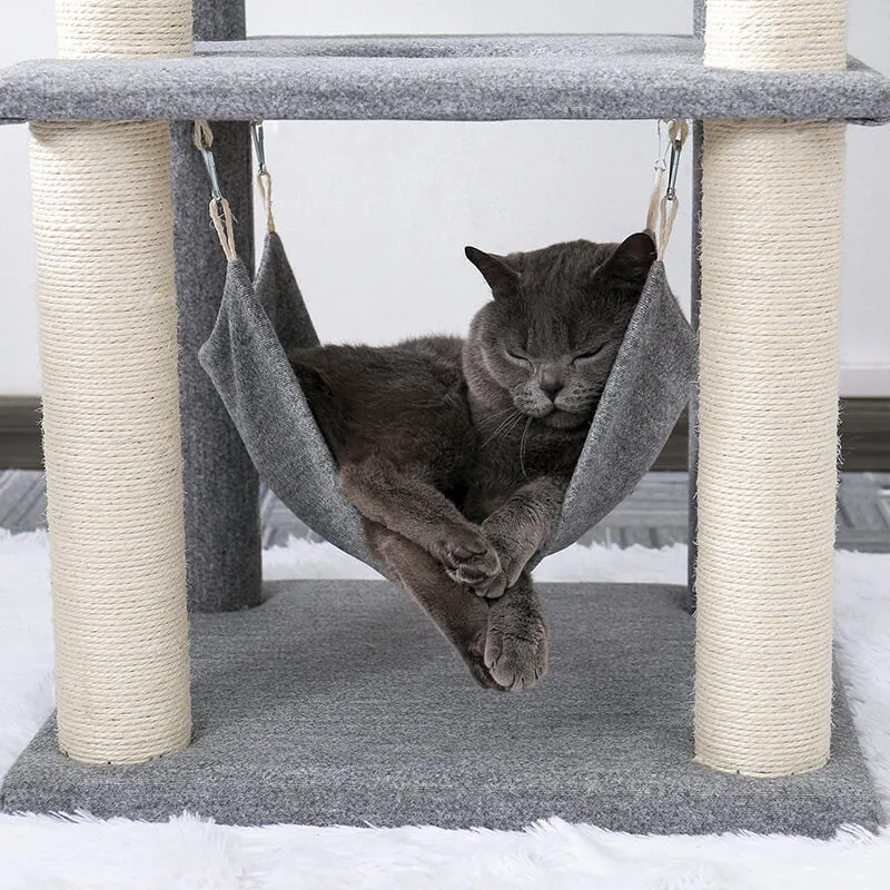 20.5" Modern Gray Multi-Level Wooden Cat Tower with Hammock and Scratching Posts