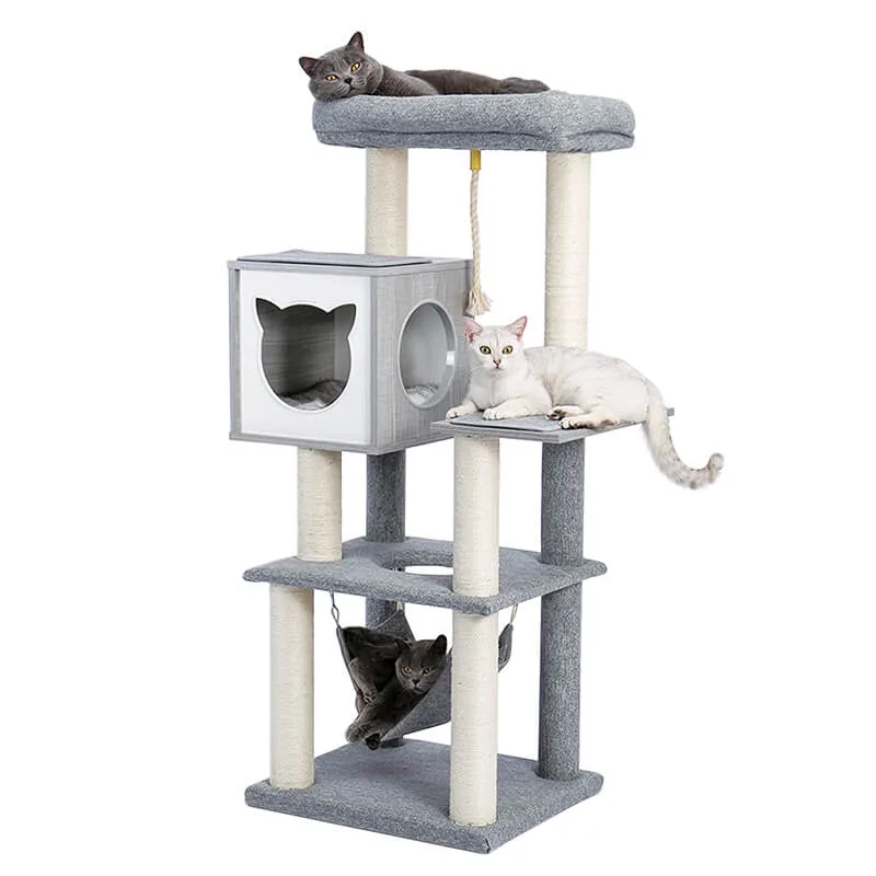20.5" Modern Gray Multi-Level Wooden Cat Tower with Hammock and Scratching Posts