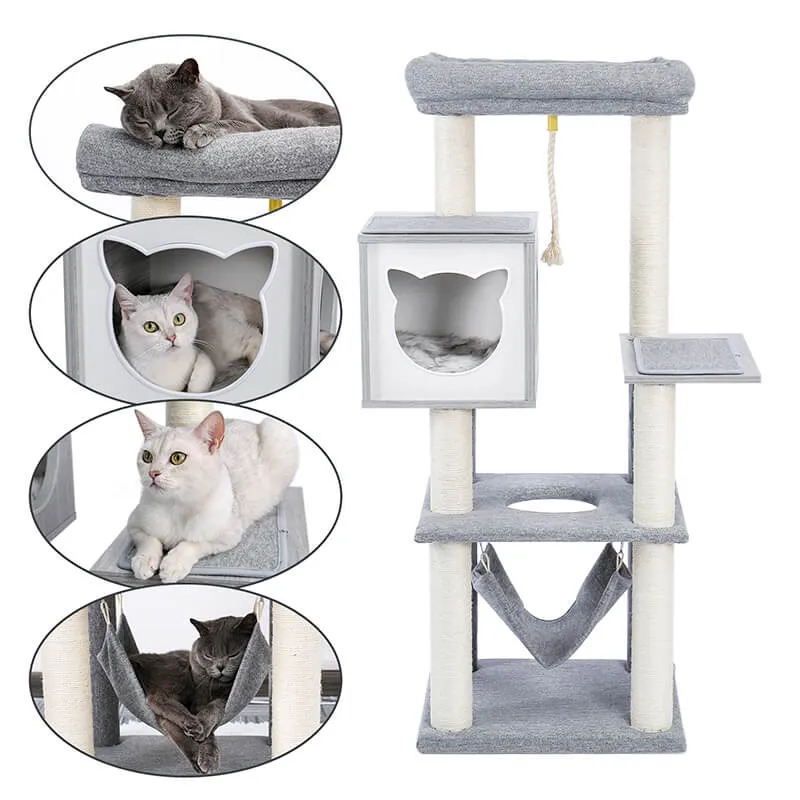 20.5" Modern Gray Multi-Level Wooden Cat Tower with Hammock and Scratching Posts