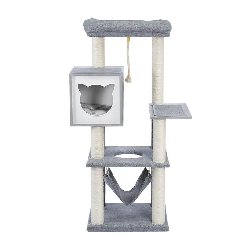 20.5" Modern Gray Multi-Level Wooden Cat Tower with Hammock and Scratching Posts