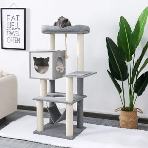 20.5" Modern Gray Multi-Level Wooden Cat Tower with Hammock and Scratching Posts