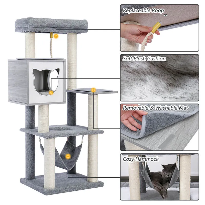 20.5" Modern Gray Multi-Level Wooden Cat Tower with Hammock and Scratching Posts