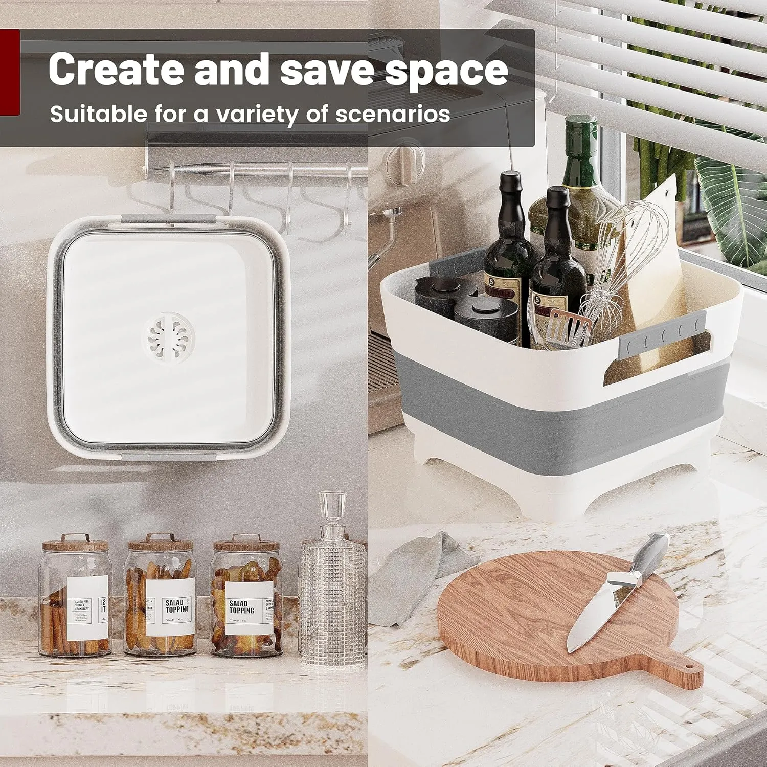 2.4 Gal Collapsbile Wash Basin with Drian Plug,9L Dish Pan for Soaking Baby Bottles,Portable Sink, Multiuse Foldable Bucket,Ice Beverage Tubs for Camping, Vegetable Washing, RV (Gray)