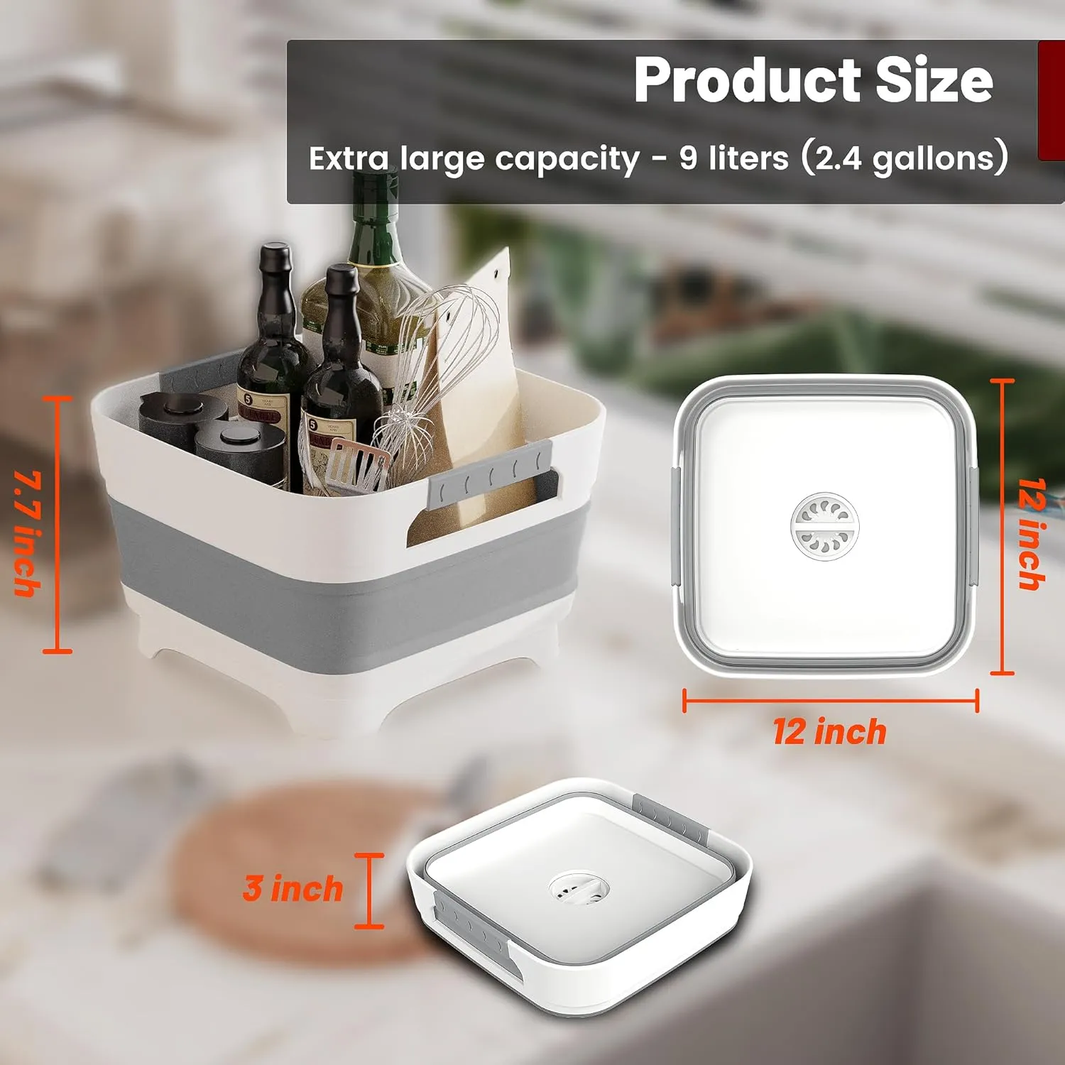 2.4 Gal Collapsbile Wash Basin with Drian Plug,9L Dish Pan for Soaking Baby Bottles,Portable Sink, Multiuse Foldable Bucket,Ice Beverage Tubs for Camping, Vegetable Washing, RV (Gray)