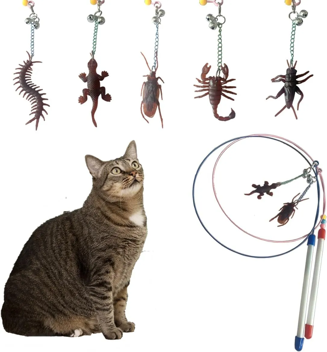2Pcs Interactive Cat Wand Toys With 5pcs Replacement Insect for Indoor Cats - Retractable Teaser for Kitten Exercise