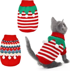 2PCS Puppy Christmas Sweater Cat Turtleneck Knitwear Xmas Elf Outfits Dog Warm Clothes Sweater for Kitties Puppies S