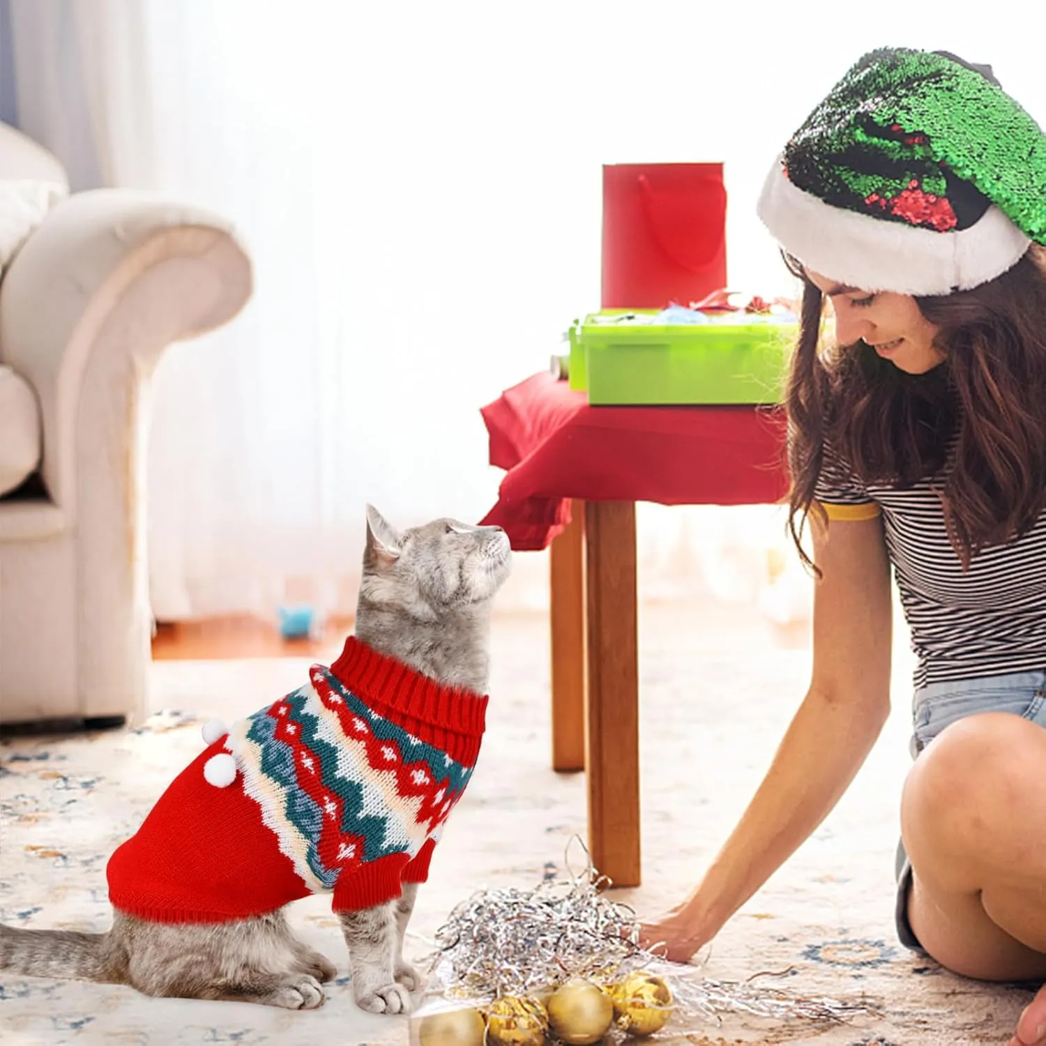 2PCS Puppy Christmas Sweater Cat Turtleneck Knitwear Xmas Elf Outfits Dog Warm Clothes Sweater for Kitties Puppies S