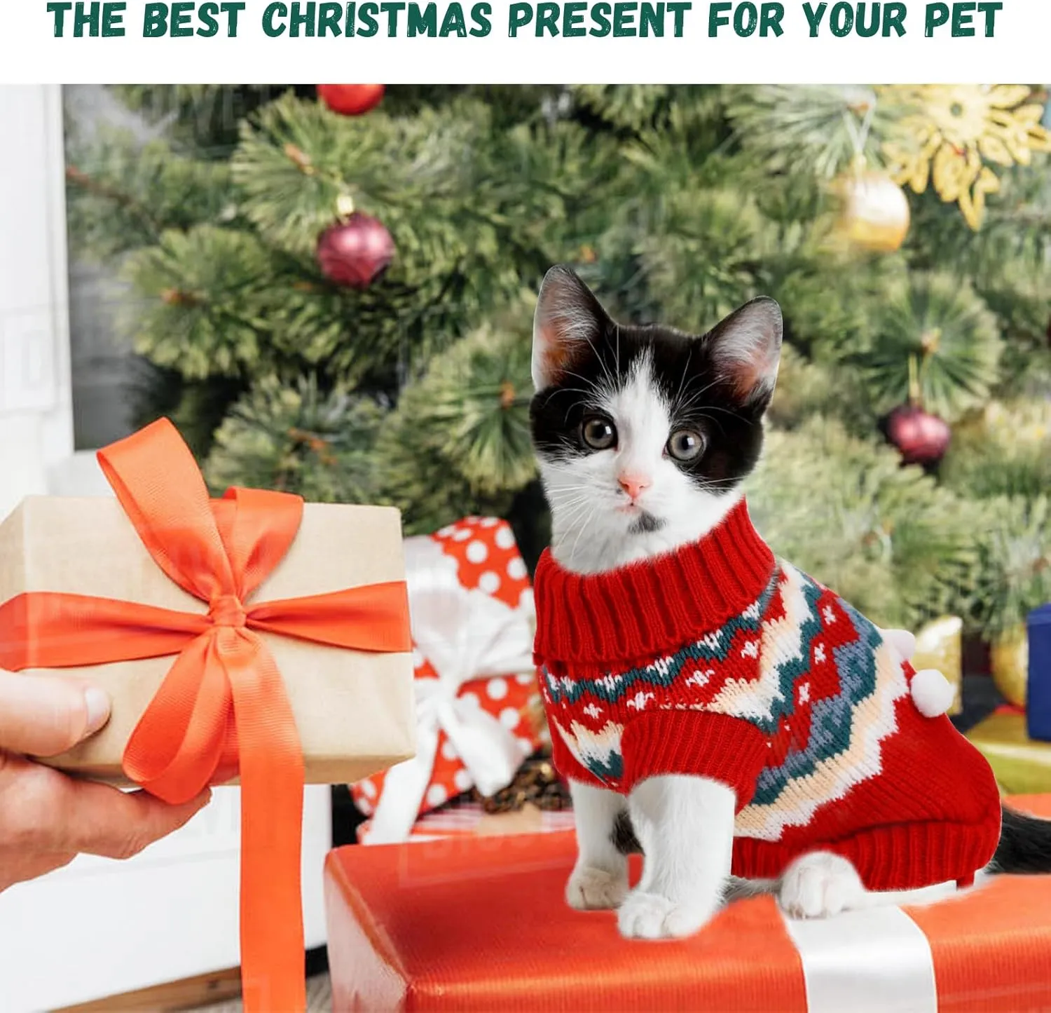 2PCS Puppy Christmas Sweater Cat Turtleneck Knitwear Xmas Elf Outfits Dog Warm Clothes Sweater for Kitties Puppies S