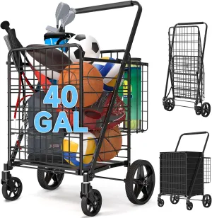 40 GAL Shopping Cart for Groceries - Grocery Cart on 360 Swivel Big Strong Wheels, 350 Lbs Capacity Folding Shopping Carts with Basket & Waterproof Liner - Heavy Duty Utility Carts for Laundry