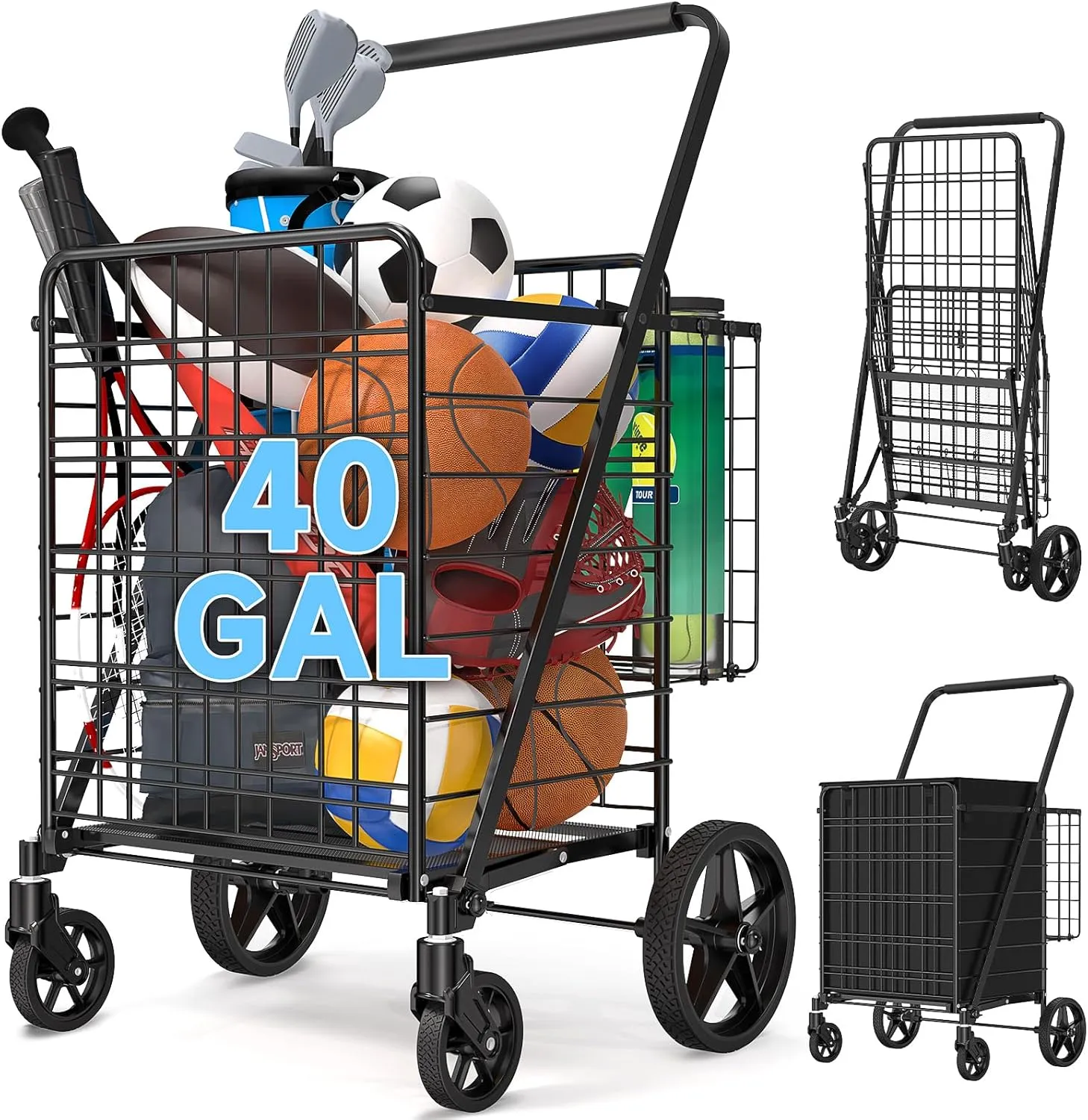 40 GAL Shopping Cart for Groceries - Grocery Cart on 360 Swivel Big Strong Wheels, 350 Lbs Capacity Folding Shopping Carts with Basket & Waterproof Liner - Heavy Duty Utility Carts for Laundry