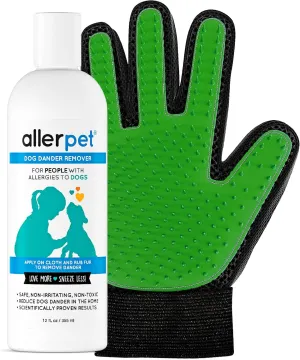 Allerpet Dog Dander Remover w/Free Grooming Glove - Best Pet Dander Remover for Allergens - for Canine Dry Skin Treatment - Good for Fur & Skin - (12oz)