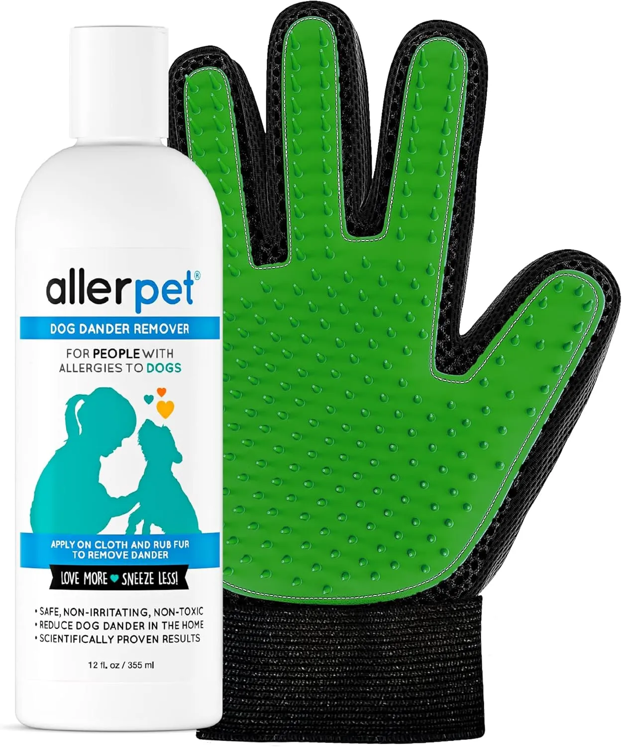 Allerpet Dog Dander Remover w/Free Grooming Glove - Best Pet Dander Remover for Allergens - for Canine Dry Skin Treatment - Good for Fur & Skin - (12oz)