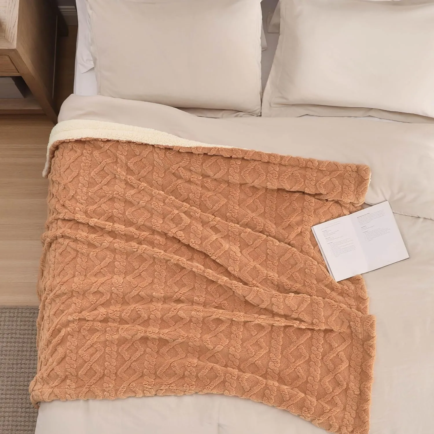 Bedsure Sherpa Fleece Throw Blanket for Couch - Fuzzy Soft Cozy Cable Throw for Women, Thick Warm Blanket for Winter, Light Brown, 50x60 Inches