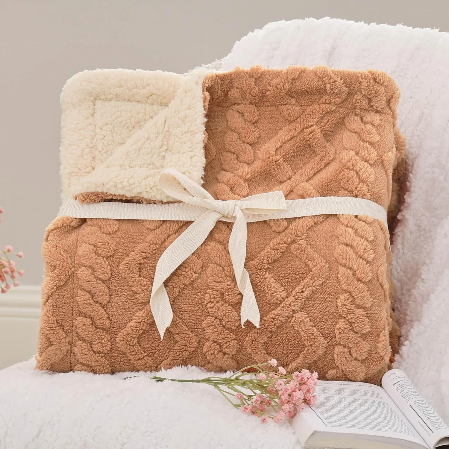 Bedsure Sherpa Fleece Throw Blanket for Couch - Fuzzy Soft Cozy Cable Throw for Women, Thick Warm Blanket for Winter, Light Brown, 50x60 Inches