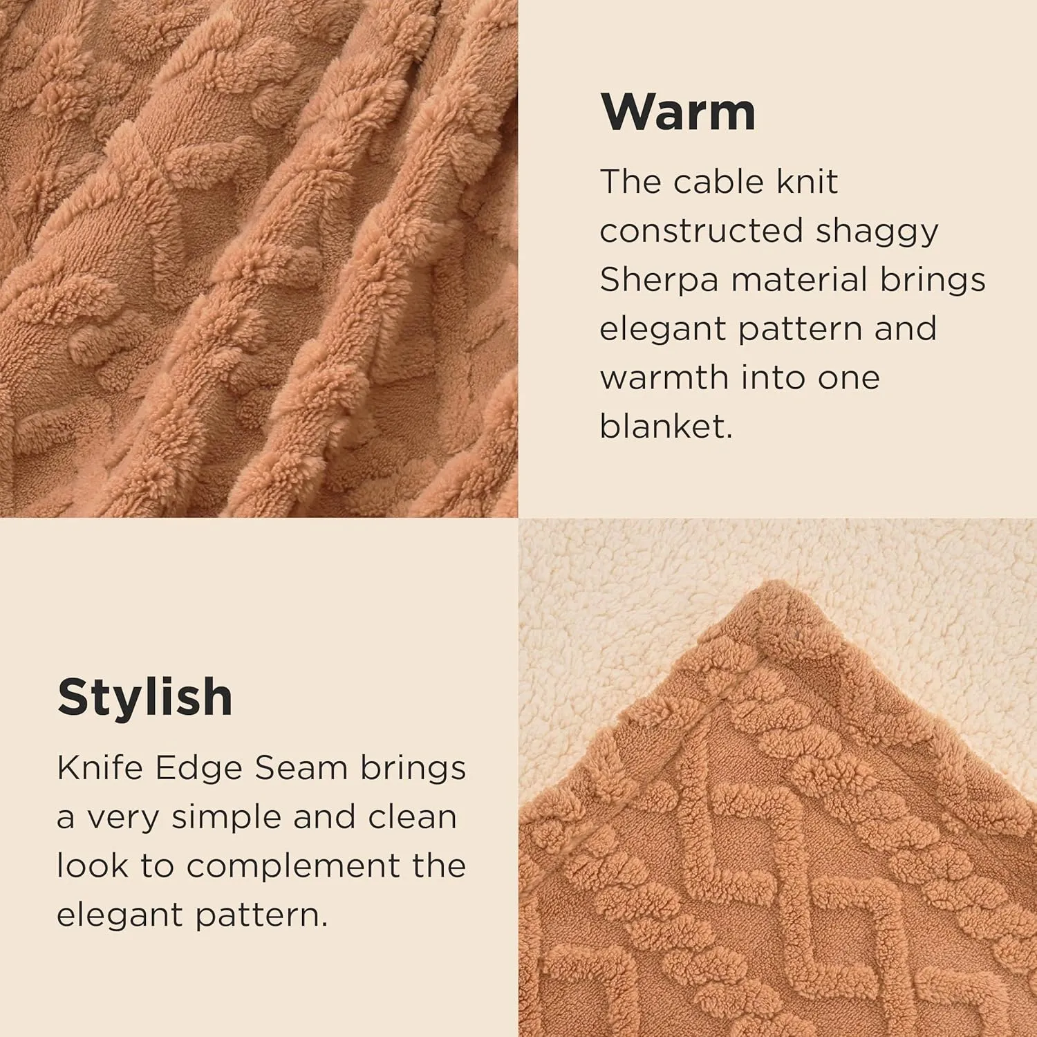 Bedsure Sherpa Fleece Throw Blanket for Couch - Fuzzy Soft Cozy Cable Throw for Women, Thick Warm Blanket for Winter, Light Brown, 50x60 Inches