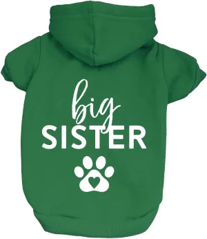 Big Sister Heart Paw Baby Announcement Dog Hoodie Fleece Lined Pullover Sweatshirt with Leash Hole (Green, 4X-Large 86)