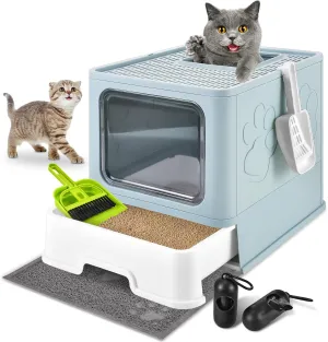Cat Litter Box with Litter Mat, Foldable Extra Large Free in and Out/One-Way with Lid, Drawer Type Enclosed Kitty Litter Box,Odor Control Anti-Splashing Easy Cleaning (Light Blue)