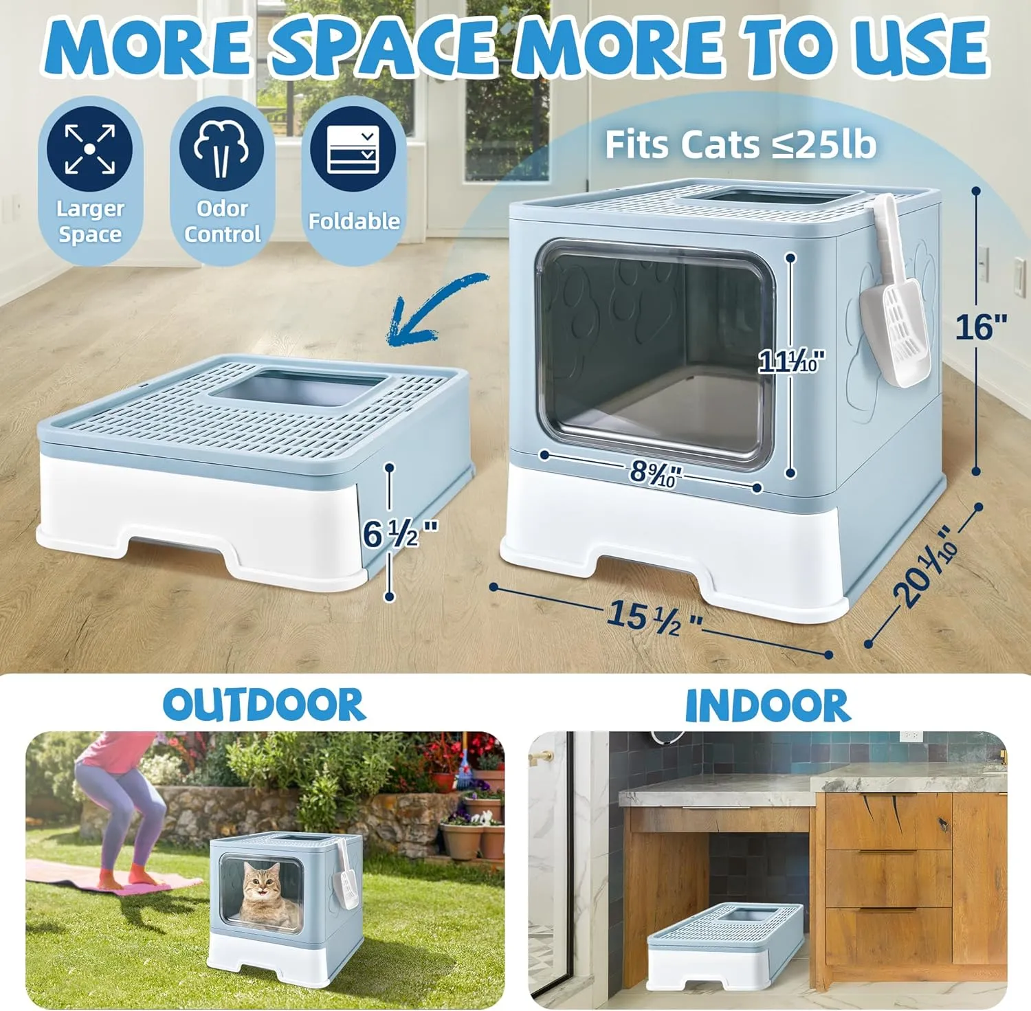 Cat Litter Box with Litter Mat, Foldable Extra Large Free in and Out/One-Way with Lid, Drawer Type Enclosed Kitty Litter Box,Odor Control Anti-Splashing Easy Cleaning (Light Blue)