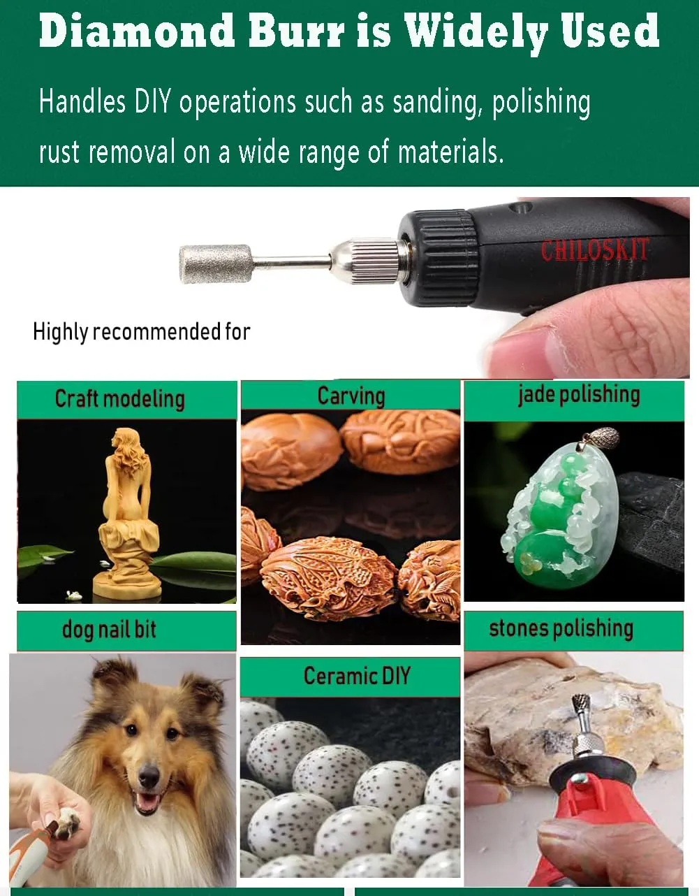 Chiloskit 10 Pics Diamond Grinding Bits Rotary Burr Set, 8mm Head Mounted Points Grinding Bit for Stone Carving, DIY Grinding, Polishing, Engraving, 1/8 Shank Suit Most Rotary Tool