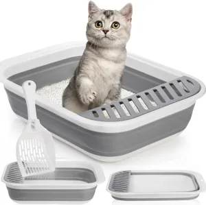 Collapsible Small Cat Litter Box, 17.7'' Open Foldable Kittens Potty with Scoop, Shallow Anti Splash Travel Cat Toilet, Semi Enclosed Height Adjustable Sides Litter Pan for Sick Frail Cat Grey