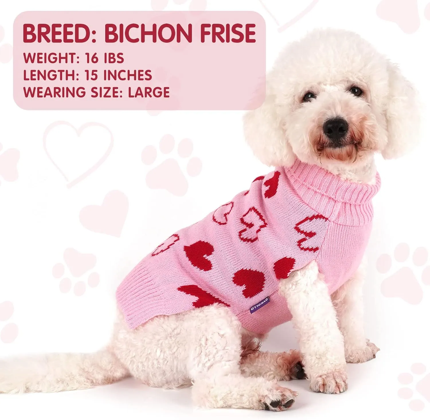 cyeollo Dog Sweater Valentines Day Knitted Pullover Turtleneck Heart Pattern Holiday Theme Pet Apparel with Leash Hole for Small Dogs Pink