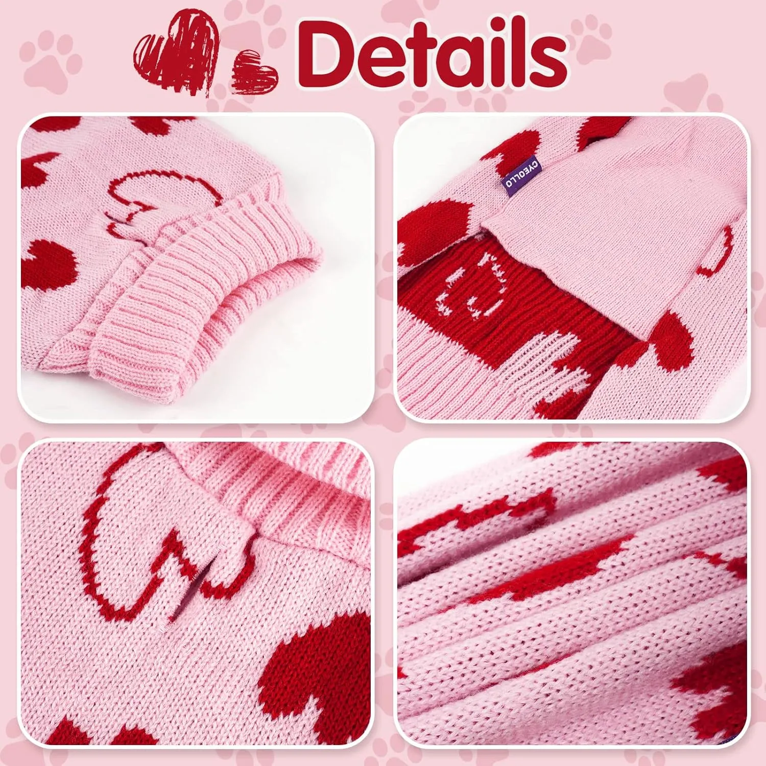 cyeollo Dog Sweater Valentines Day Knitted Pullover Turtleneck Heart Pattern Holiday Theme Pet Apparel with Leash Hole for Small Dogs Pink