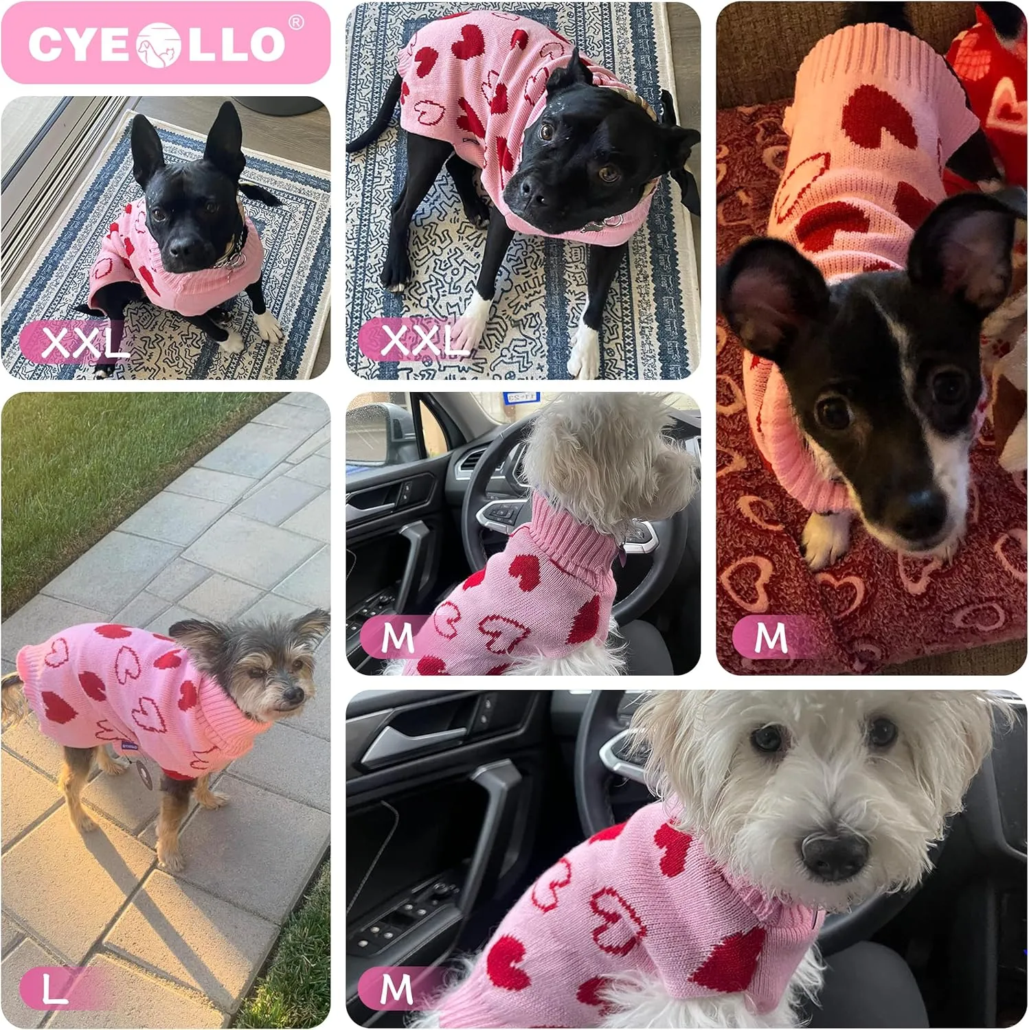 cyeollo Dog Sweater Valentines Day Knitted Pullover Turtleneck Heart Pattern Holiday Theme Pet Apparel with Leash Hole for Small Dogs Pink