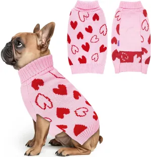 cyeollo Dog Sweater Valentines Day Knitted Pullover Turtleneck Heart Pattern Holiday Theme Pet Apparel with Leash Hole for Small Dogs Pink