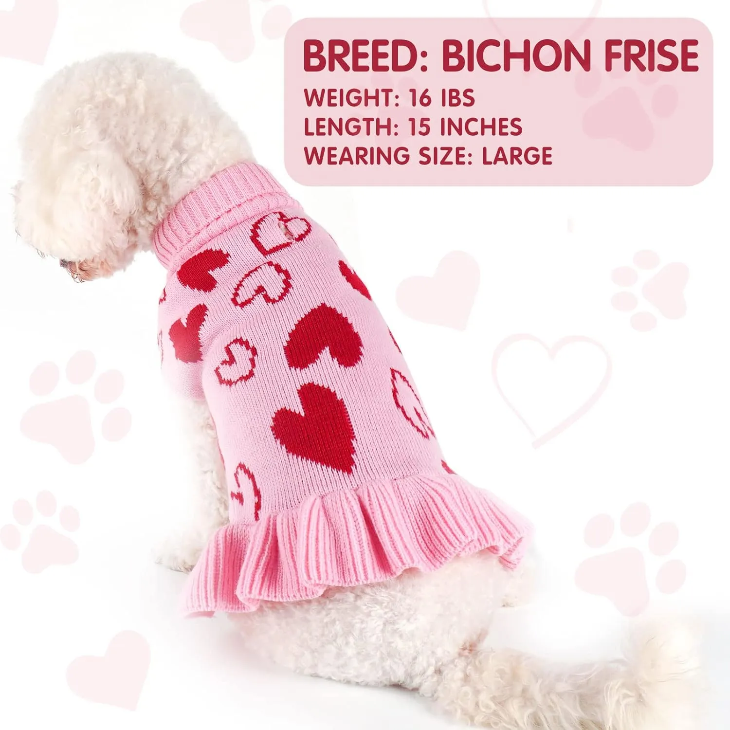 cyeollo Valentines Day Dog Sweater Dress Dog Clothes Pullover Turtleneck with Leash Hole Heart Pattern Holiday Theme Female Pet Apparel for Small Dogs