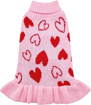 cyeollo Valentines Day Dog Sweater Dress Dog Clothes Pullover Turtleneck with Leash Hole Heart Pattern Holiday Theme Female Pet Apparel for Small Dogs
