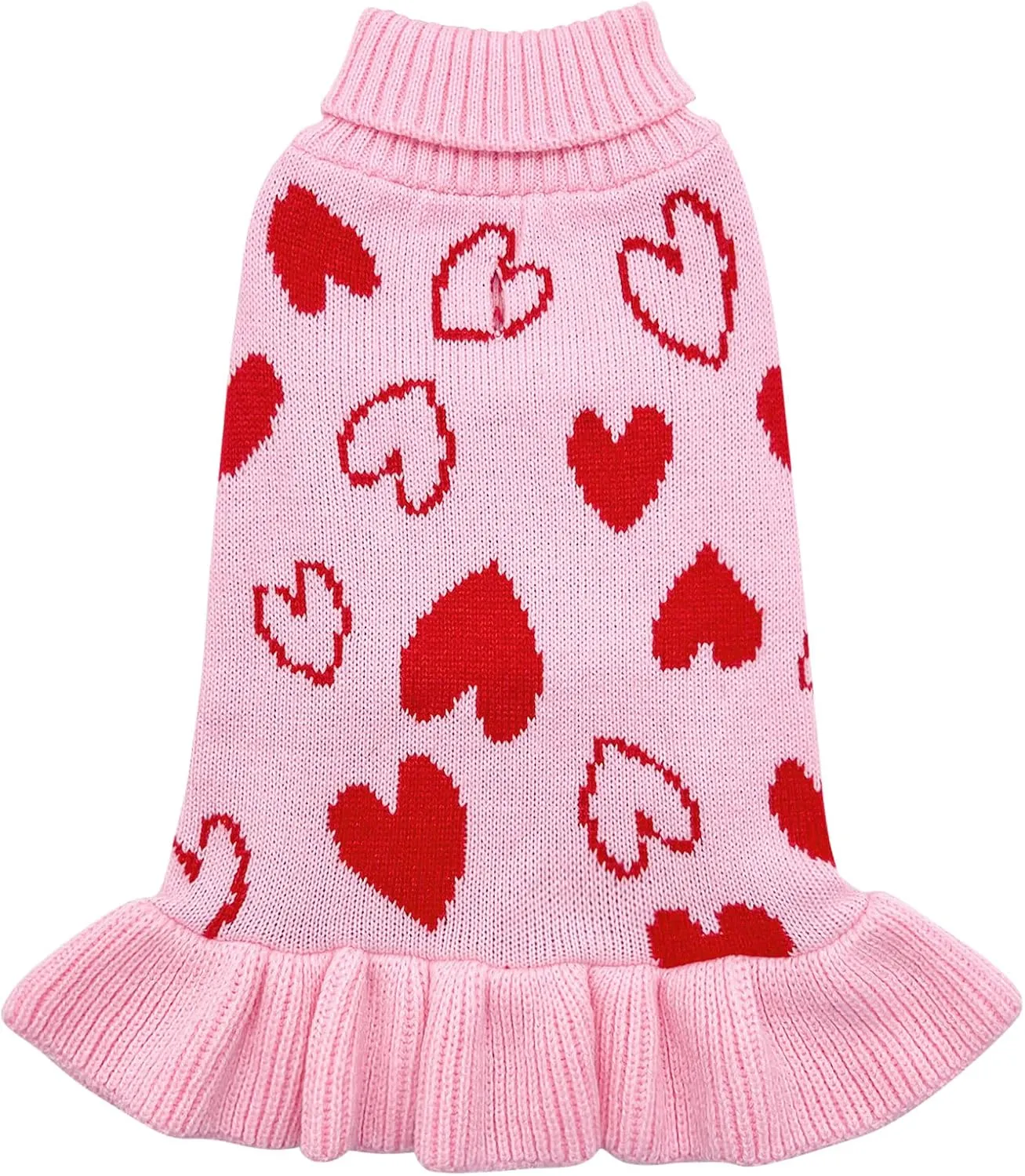 cyeollo Valentines Day Dog Sweater Dress Dog Clothes Pullover Turtleneck with Leash Hole Heart Pattern Holiday Theme Female Pet Apparel for Small Dogs