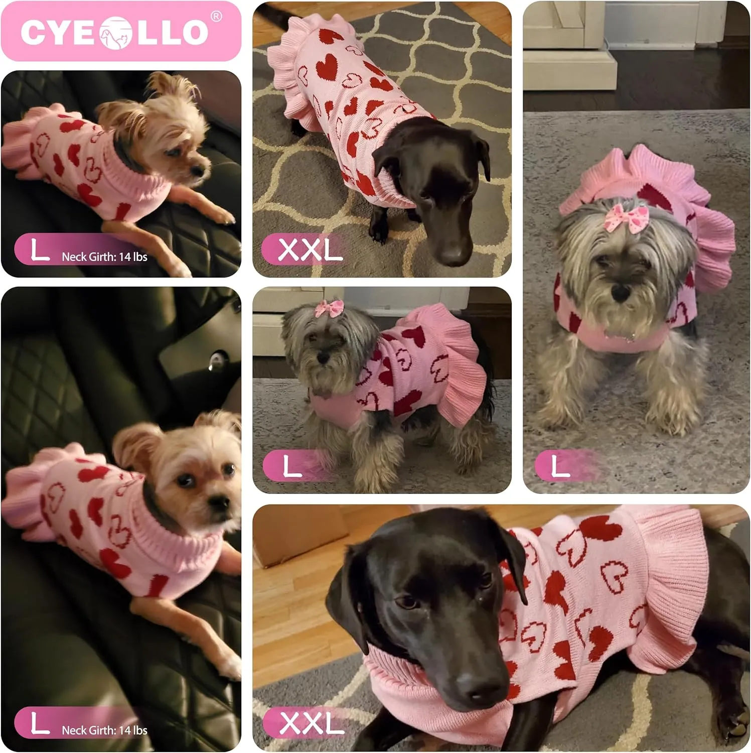 cyeollo Valentines Day Dog Sweater Dress Dog Clothes Pullover Turtleneck with Leash Hole Heart Pattern Holiday Theme Female Pet Apparel for Small Dogs