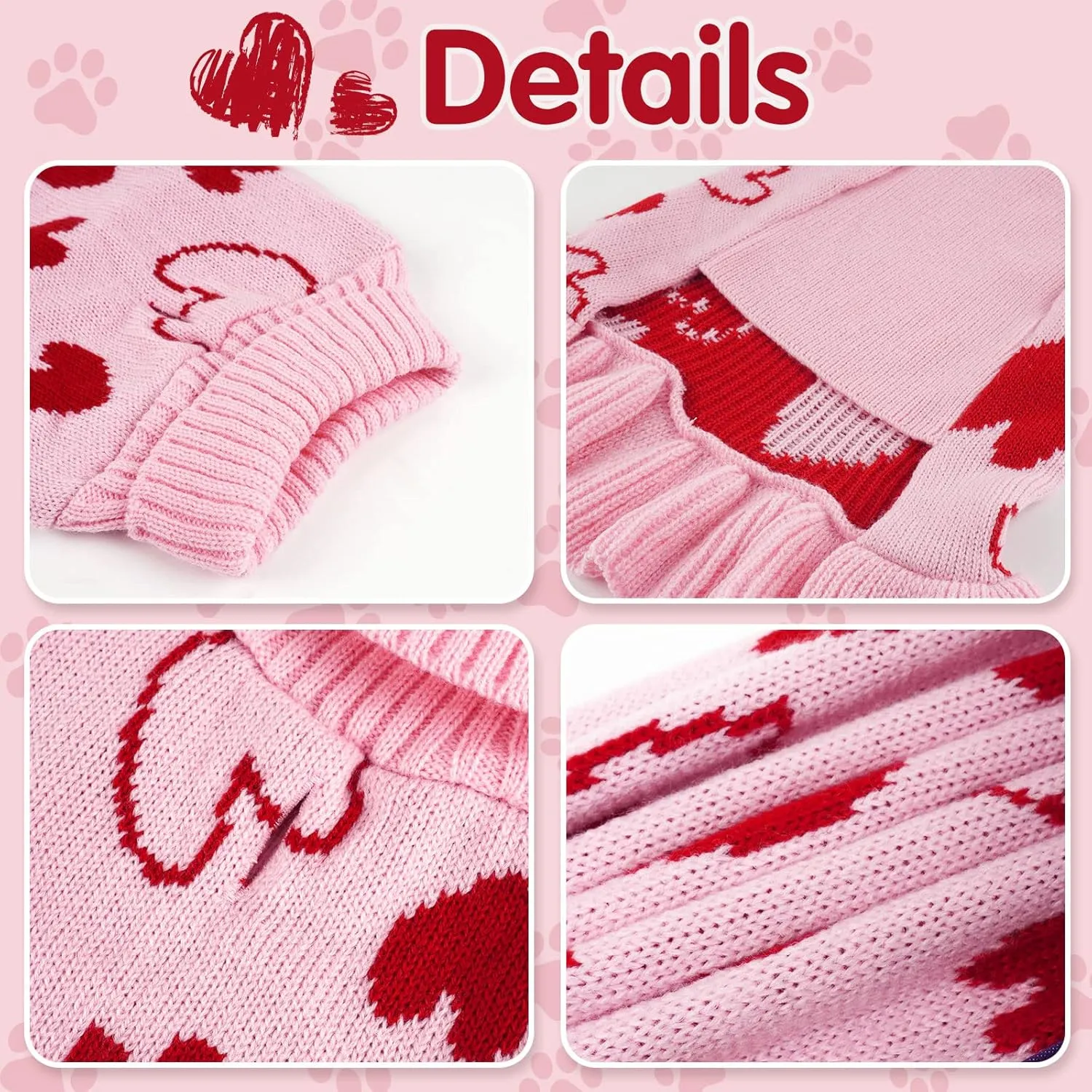 cyeollo Valentines Day Dog Sweater Dress Dog Clothes Pullover Turtleneck with Leash Hole Heart Pattern Holiday Theme Female Pet Apparel for Small Dogs