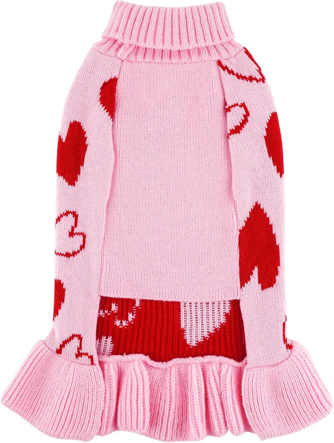 cyeollo Valentines Day Dog Sweater Dress Dog Clothes Pullover Turtleneck with Leash Hole Heart Pattern Holiday Theme Female Pet Apparel for Small Dogs