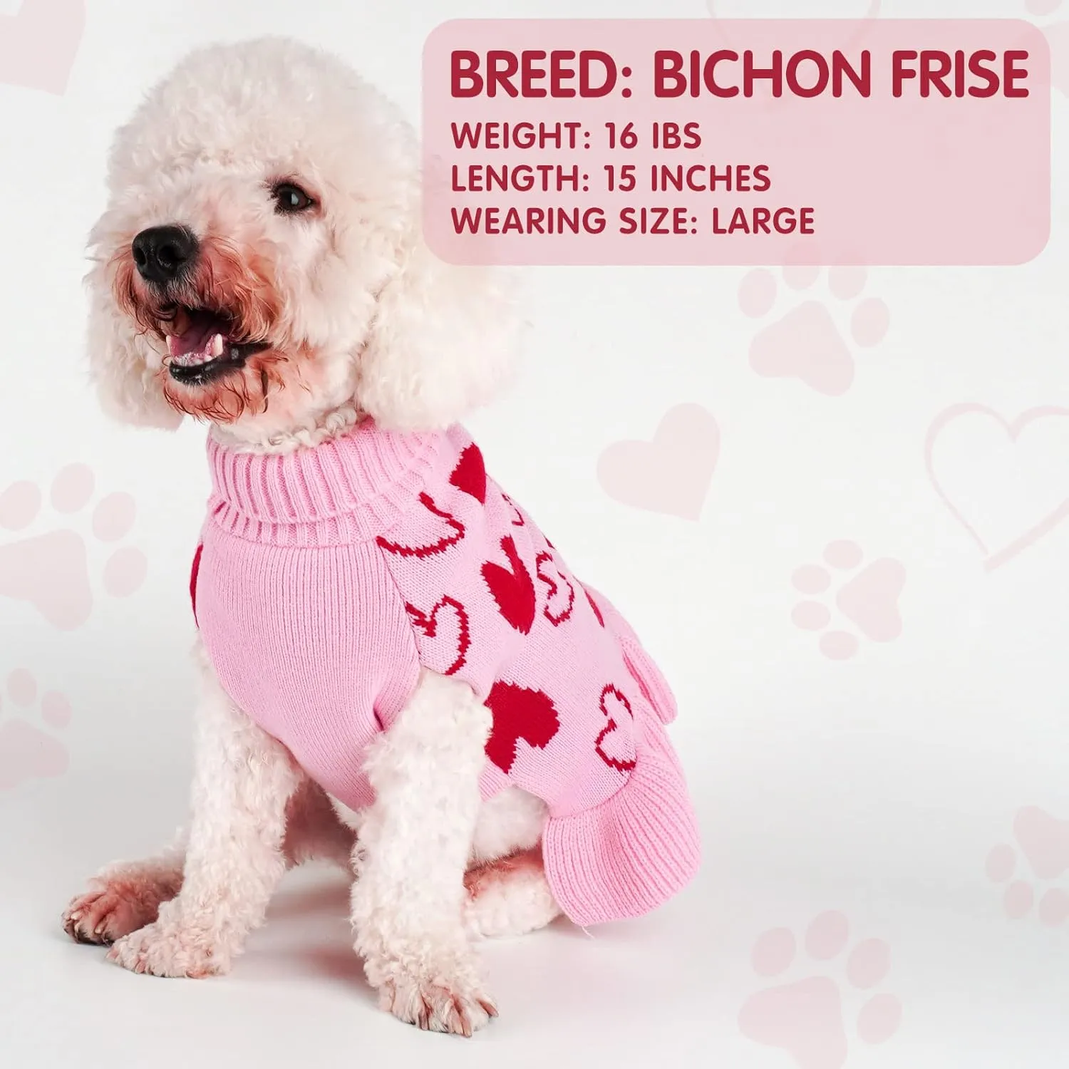 cyeollo Valentines Day Dog Sweater Dress Dog Clothes Pullover Turtleneck with Leash Hole Heart Pattern Holiday Theme Female Pet Apparel for Small Dogs