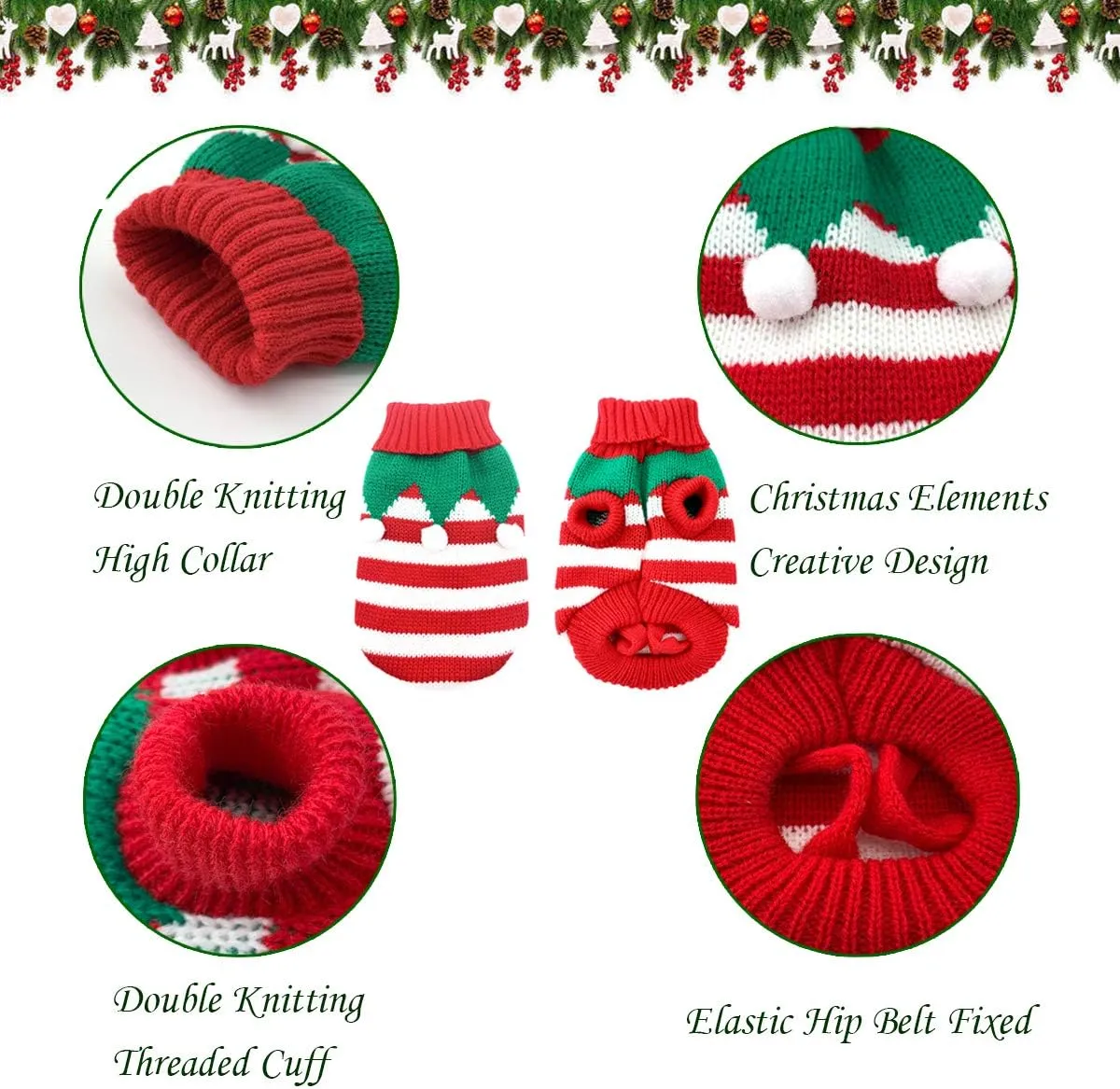 Dog Christmas Sweater Pet Winter Knitwear Xmas Elf Costume Clothes Coats Sweater for Kitty Puppy Cat XL