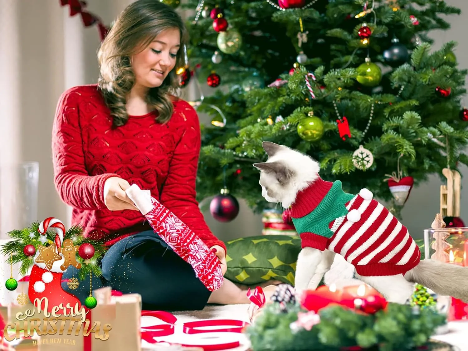 Dog Christmas Sweater Pet Winter Knitwear Xmas Elf Costume Clothes Coats Sweater for Kitty Puppy Cat XL