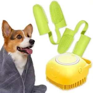 Dog Grooming Tools: 3 in 1 Bath Brush, 2 Finger Toothbrushes, Yellow Bath Brush   Green Toothbrush, For Puppy Teeth Cleaning, Bathing, and Grooming