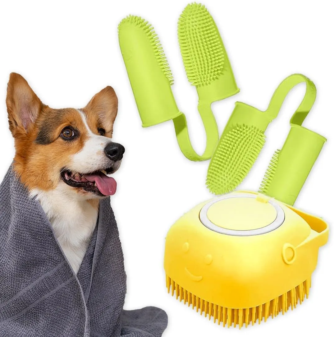 Dog Grooming Tools: 3 in 1 Bath Brush, 2 Finger Toothbrushes, Yellow Bath Brush   Green Toothbrush, For Puppy Teeth Cleaning, Bathing, and Grooming