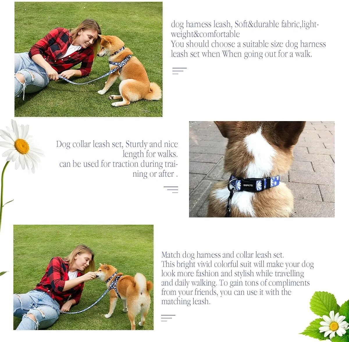 Dog Harness Collar Leash Set - No Pull Pet Adjustable Back Clip Halter Basic Collar Heavy Duty 5FT Anti-Twist Leash for Extra Small Puppy Medium Large Breed Training Running (Daisy, XS)