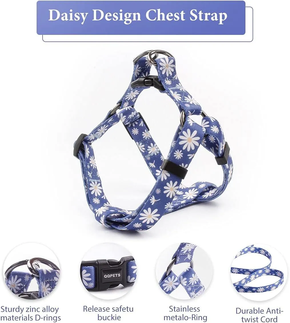 Dog Harness Collar Leash Set - No Pull Pet Adjustable Back Clip Halter Basic Collar Heavy Duty 5FT Anti-Twist Leash for Extra Small Puppy Medium Large Breed Training Running (Daisy, XS)