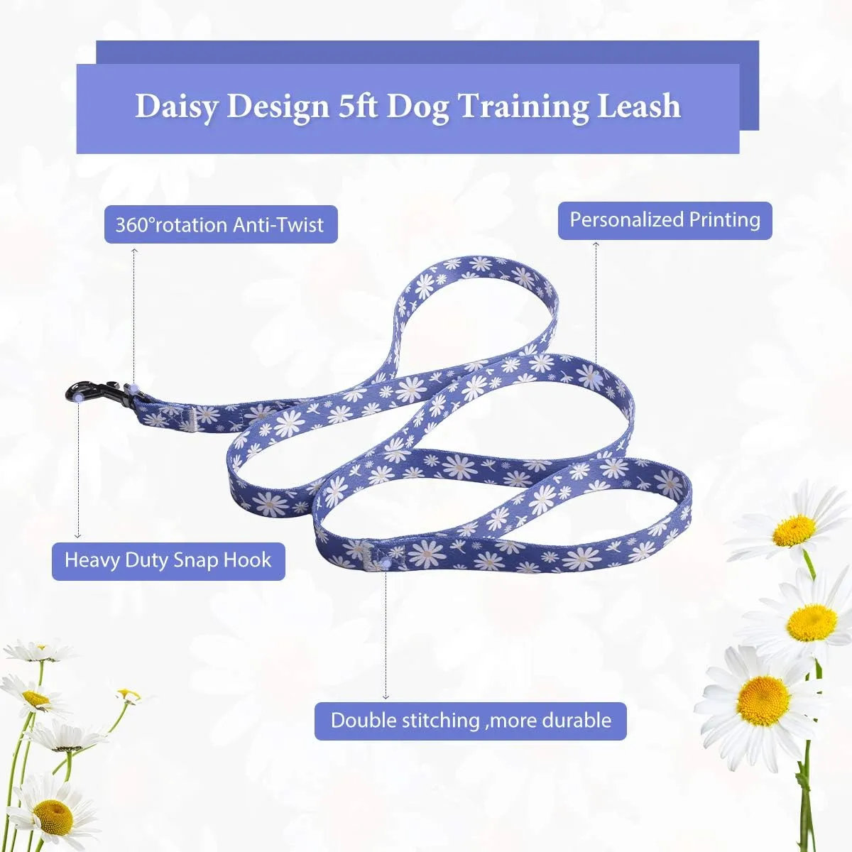 Dog Harness Collar Leash Set - No Pull Pet Adjustable Back Clip Halter Basic Collar Heavy Duty 5FT Anti-Twist Leash for Extra Small Puppy Medium Large Breed Training Running (Daisy, XS)